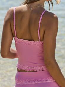 Aralina 平纹蕾丝边蝴蝶结吊带修身性感吊带背心 - 玫紅色 - 查看 2
