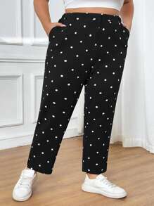 SHEIN CURVE+ 大码女式波尔卡圆点印花休闲裤，带口袋和侧开衩，度假新年女式冬季情人节商务休闲女式飘逸裤，女式夏季，波尔卡圆点 - 黑與白 - 查看 3