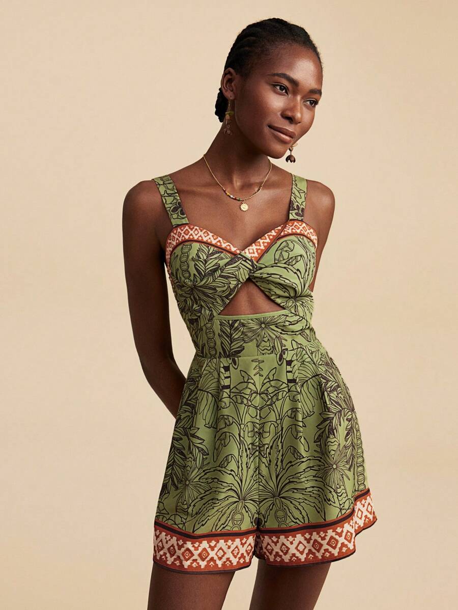 Travachic Bộ đồ liền thân hở vai in họa tiết cây nhiệt đới cho nữ, phong cách kỳ nghỉ, trang phục mùa hè cho nữ, trang phục bãi biển cho nữ, trang phục phương Tây cho nữ, trang phục hòa nhạc cho nữ, phong cách Boho, kỳ nghỉ nhiệt đới - màu xanh lá - Xem 1