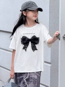 DAZY Tween Girl Round Neck Knit Printed Short Sleeve T-Shirt, Summer, Back To School Clothes - White - View 8