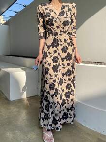 DAZY V领优雅碎花连衣裙，女士优雅吊带长裙 - 米色 - 查看 1