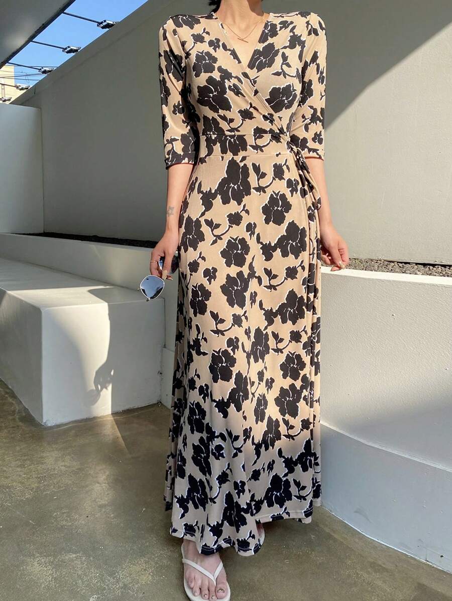 DAZY V领优雅碎花连衣裙，女士优雅吊带长裙 - 米色 - 查看 1