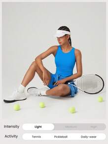 GLOWMODE FeatherFit™-Air Peekaboo 镂空口袋多功能运动连衣裙，内置短裤，轻度支撑，低冲击瑜伽，日常夏季速干，吸湿排汗 - Blue Power - 查看 7