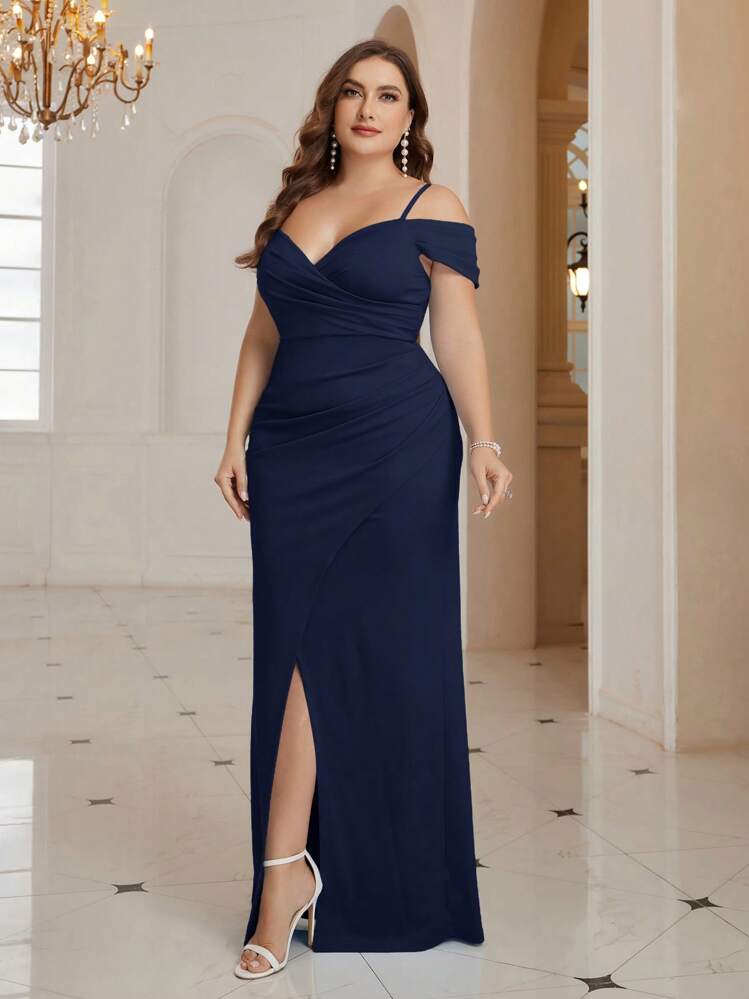shein blue dress formal Belle Plus Size Bridesmaid Navy Mermaid Crossed Front Slit Hem Party Dress, Wedding Guest Dress, Dress, Evening Dress, Gown bodycon shein royal blue dress
