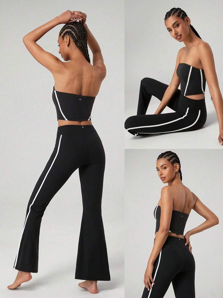 FeatherFit™-Sculpt Contrast Strip Corset Anti-Slip Cropped Tank Tube Top Low Impact Yoga Pilates Daily Casual Wear Removable Cups