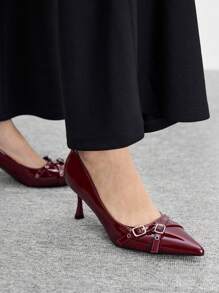 CUCCOO BIZCHIC 女士时尚漆皮尖头高跟鞋，带扣装饰，适合通勤、约会、聚会和其他场合 - 酒紅色 - 查看 3