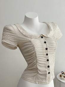 Elamini 女士圆点印花弹力修身圆领褶皱上衣 - 杏色 - 查看 4