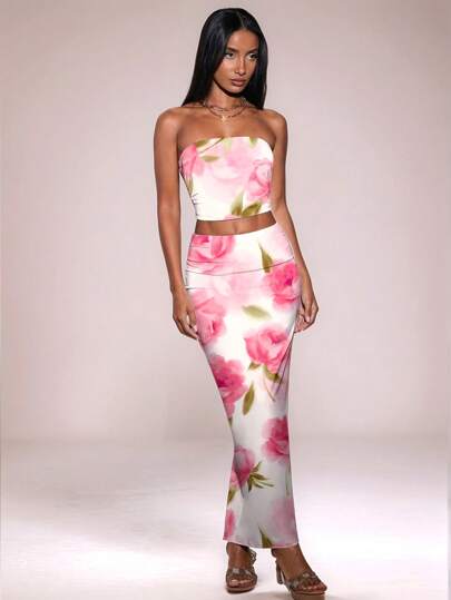 SHEIN BAE 2 szt. damskie kwiatowe tie dye/bandeau 2-częściowy zestaw na wakacje letnie/dwuczęściowy zestaw kobiety/Playa/plaża stroje dla kobiet/stroje wakacyjne kobiety/wakacje/2-częściowy zestaw/zestawy dla kobiet/pasujące zestawy kobiety/stroje rave festiwal/wakacje dwuczęściowy zestaw/2-częściowy zestaw lato