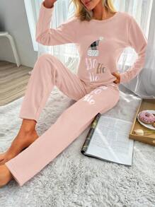 SHEIN Cottnline 女士睡衣套装，长袖圆领上衣和裤子 - 粉色 - 查看 5