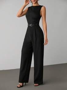 SHEIN PETITE Women Casual Solid Sleeveless Jumpsuit - Black - View 5