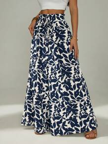 SHEIN PETITE 女式高腰口袋褶皱阔腿度假植物印花裤 - 藍白色 - 查看 5