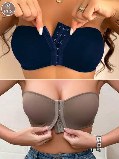 2pcs Women Multicolor Underwear Set, Front Closure Push-Up Padded Bra