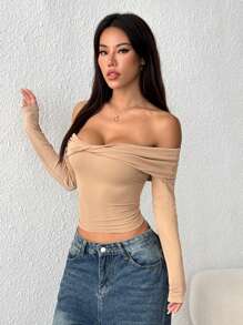SHEIN EZwear Women Casual Solid Color Twisted Off Shoulder Crop Top - Mocha Brown - View 1