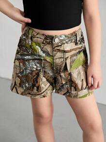 Young Girl Branch Print Flip-Pocket Casual Denim Shorts, Summer - Multicolor - View 3