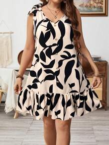 SHEIN LUNE Vestido corto de verano con cuello en V, sin mangas, con dobladillo con volantes y estampado de plantas, con decoración de lazo en los hombros, talla grande