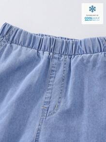 Denimly Tween 女童两件套：休闲露肩荷叶边衬衫和松紧腰阔腿柔软牛仔裤 - 淺色水洗藍 - 查看 5