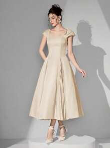 Poshira 女士正式礼服裙（重装饰）女士连衣裙女士西式连衣裙女士复活节连衣裙女士迷你连衣裙女士长袖连衣裙，毕业礼物毕业礼服，女士时尚礼服长裙，串珠设计，亮片，吊带女士夏季连衣裙，派对礼服，舞会礼服 - 杏色 - 查看 5