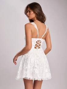 SHEIN BAE Women's Elegant Flower Embroidered Sheer Camisole Mini Dress, Summer - White - View 2