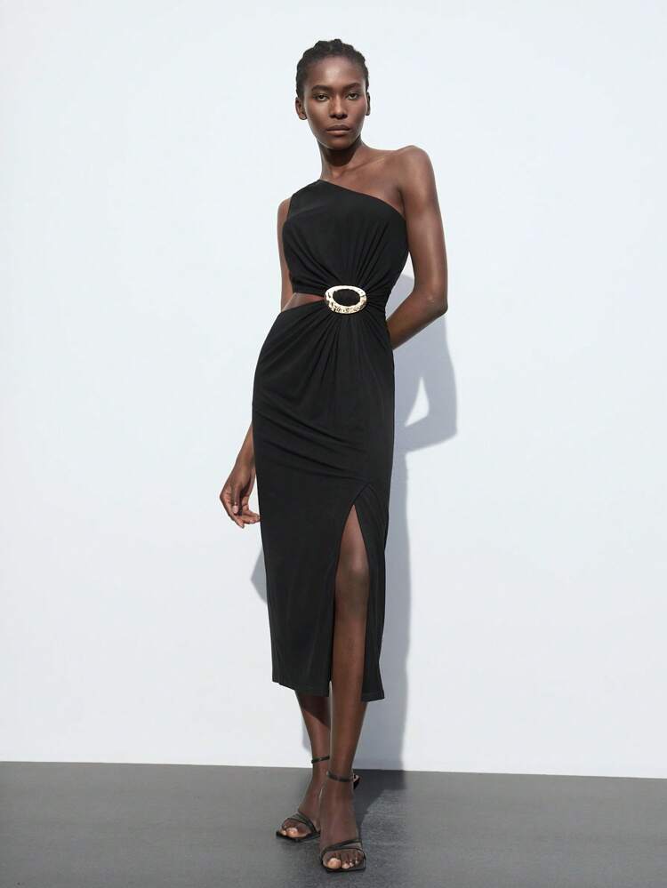 SHEIN Maija 2025 Summer New Wedding Guest Cocktail Dress, Modern Elegant Brunch Outfit, Airport Style, Bohemian Vacation, Music Festival, Easter, Graduation, Casual Daily Wear - Metal Waist Decor, Asymmetric Neckline, Mid-Length Easter Dress Women Romantic, Fashion, Versatile; Suitable For Summer Vacation, Comfortable, Bohemian Style, Beach Wear, Swimsuit Cover-Up, Stylish, Elegant, Casual, , Simple Daily Wear, Country Style, Essential, Solid Color, Holiday Casual, Decent, Single Lady, Ideal For Vacation Elegant Fashion Business Casual Woman Going Out Tops Graduation Outfit European Summer Hawaii Outfits Women Summer Dresses For Women Streetwear Women Stockholm Style Teacher Outfits For Women