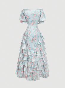 SHEIN MOD 荷叶边下摆修身花朵泡泡袖缎面连衣裙 - 彩色 - 查看 3