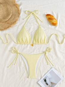 Swim Mod Textured Plain Bikini Set With Metallic Accessories For Summer Beach Vacation - Yellow - View 4