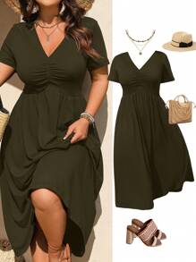 EMERY ROSE 大码女式优雅休闲 V 领褶饰设计短袖针织连衣裙，新款 - 橄欖綠 - 查看 6