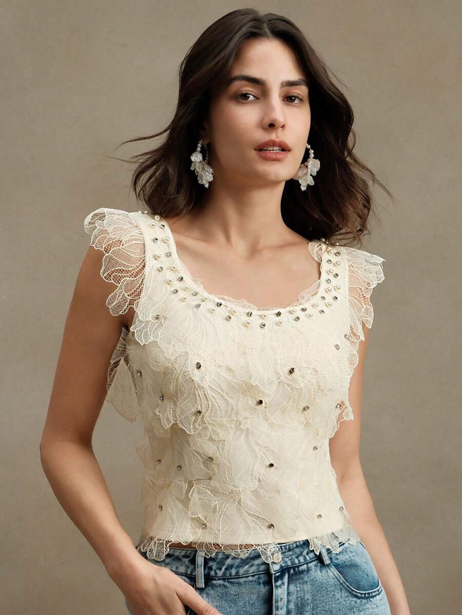 Anewsta ملابس علوية أو تي شيرت نسائي مطرز براق وعصري للربيع والصيف - أبيض - مشاهدة 1