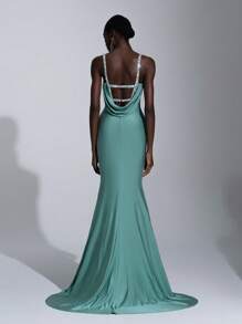 Elitara Elegant&Luxurious Beaded And Sequin Embellished Elastic Knit Ruched Backless Plunging Neckline Split Fishtail Gown For Wedding Guest,Parties,Evening - Green - View 2