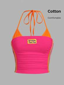 SHEIN ICON Y2k Summer Casual Color-Block Crop Top With Bikercore Letter Embroidery Contrast Binding Halter, Slim Fit,Rave Top - Hot Pink - View 3