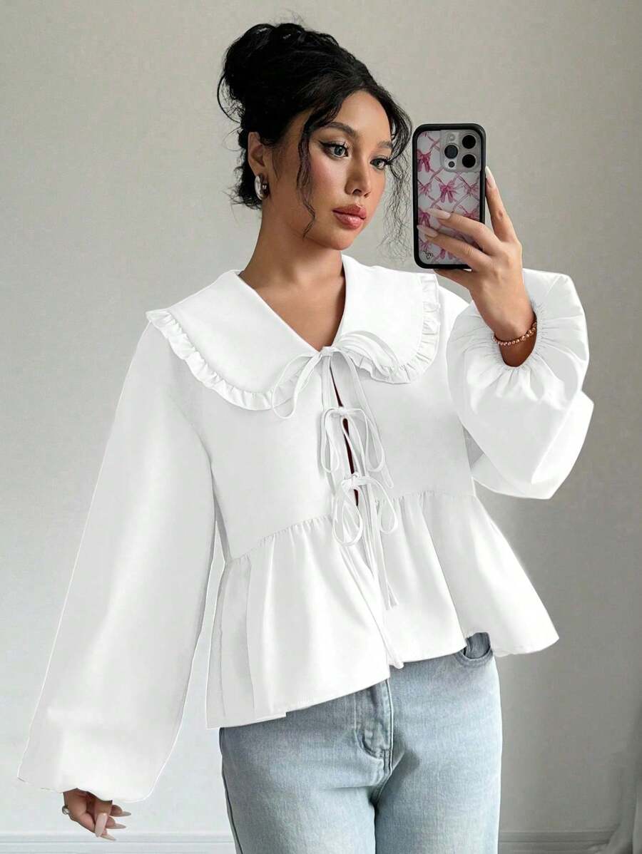 SHEIN Unity 个性领口灯笼袖前结荷叶边衬衫夏季女式衬衫 - 白色 - 查看 1
