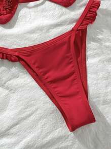 SHEIN Swim Mod Heart-Shaped Ruffle Halter Sexy Women 2 Pieces Swimsuit Set - Red - View 4