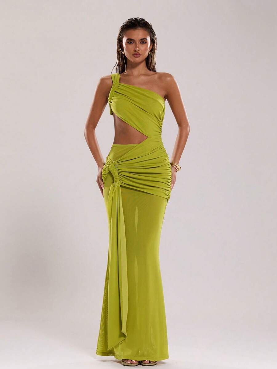 SHEIN BAE 女士性感纯色细肩带镂空超长连衣裙，夏季 - 綠色 - 查看 1