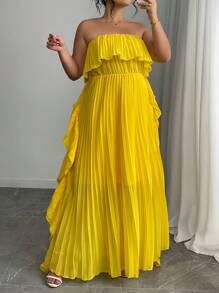 Elenzga Plus Size French Romantic Solid Color Pleated Ruffle Cold Shoulder Long Dress, Spring/Summer - Yellow - View 1