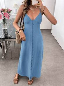 SHEIN LUNE Đầm màu xanh lá cây nhạt, chất liệu giống vải lanh, thân thiện với da, thích hợp cho kỳ nghỉ hè của nữ, kiểu dáng thường ngày. - Màu xanh lam - Xem 5