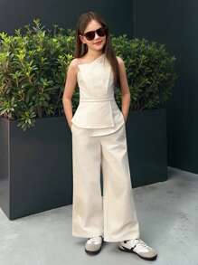 SHEIN Nova Glow Tween Girl Apricot Commuting Daily Asymmetric Ruffle Waist Long Pants 2 Pieces Set - Beige - View 4