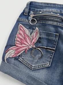 ROMWE Fairycore Y2K 时尚修身蝴蝶刺绣做旧低腰牛仔短裤