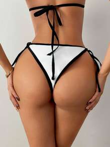 SHEIN ICON Women White And Black Summer Beach Two-Tone Edging Butterfly Decor Bikini Bottom