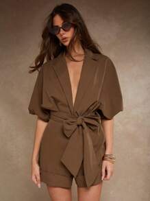 COSMINA 女士纯色蝙蝠袖衬衫和短裤套装 - 棕色 - 查看 7