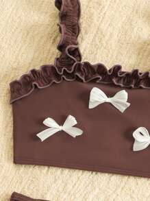 SHEIN 2pcs Girls Adorable Bowknot Halter Top & Ruffle Trim Bottom Swimsuit Set - Brown - View 5