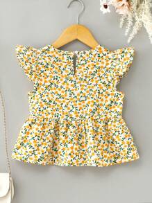 SHEIN Blusa casual ajustada con cuello en V, volantes y estampado floral pequeño para niñas jóvenes - Amarillo - Ver 2