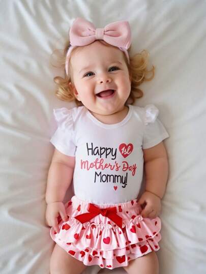 SHEIN 2pcs Newborn Baby Girls Infant Cute Fun Sweet Slogan & Happy Mother's Day Print Bodysuit + Shorts Set, Suitable For 0-9 Months Babies, Spring/Summer, Fit For Holiday Celebration, Mother's Day Photo Shooting, Party