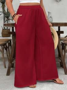 SHEIN VCAY Plus Size White Textured Loose Casual Wide Leg Pants With Pockets, Vacation/Resort Wear, Valentine's Day - Burgundy - View 4