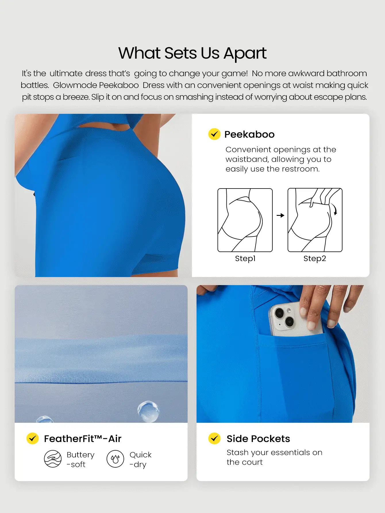 GLOWMODE FeatherFit™-Air Peekaboo 镂空口袋多功能运动连衣裙，内置短裤，轻度支撑，低冲击瑜伽，日常夏季速干，吸湿排汗 - Blue Power - 查看 2