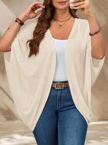 EMERY ROSE Plus Size Vacation Solid Color Asymmetric Hem Batwing Sleeve Casual Jacket,Spring/Summer Winter Fall Autumn - Khaki - View 3