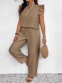SHEIN Frenchy 2pcs Women Plus Size Solid Color Cap Sleeve Blouse And Pants Set - Brown - View 5