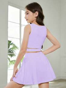 SHEIN Tween 女童白色纯色休闲舒适百搭服装，时尚学院风适合春夏季运动、跑步、户外活动，优雅高腰设计凸显身材，适合青春期前儿童 - 紫色 - 查看 3