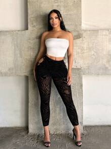 SHEIN SXY 女式斑马纹侧开衩系带网眼打底裤，女式打底裤，女式黑色裤子，网眼，性感，夜店装扮，性感女装，辣妹，街头装，夏季，Y2K，外出 - 黑色 - 查看 4