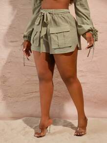 SHEIN SXY Plus Size Women's Green Solid Color Waist-Tie Cargo Pocket Casual Shorts With Free Belt, Elegant For Spring/Summer Dating, Club, Valentine's Day, Wedding - Green - View 10