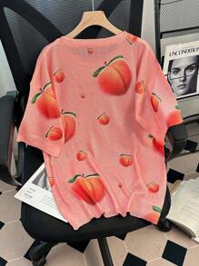 Chiquease Casual Peach Print Loose T-Shirt For Women - Pink - View 2