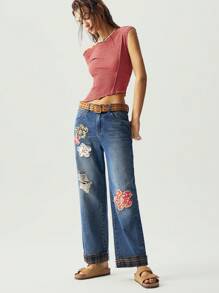 Bohemela BOHO Denim  Casual Solid Color Denim Flower Embroidery Women's Ankle Length Pants Jeans For Women Women Jeans Women Plus Clothing Pants Baggy Jeans Women Women Baggy Jeans